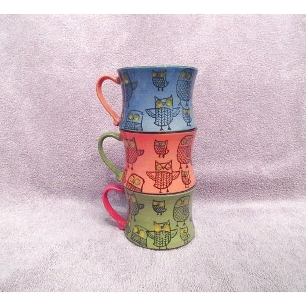Pier 1 Imports Stacking Stoneware Mugs Set Of 3 Hand Painted Whimsical Bird Owl